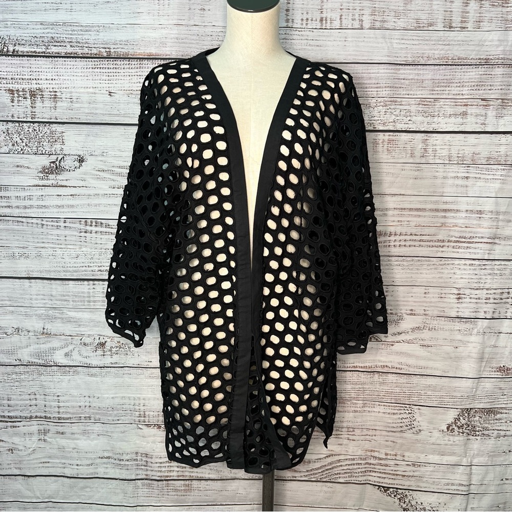 Wynne Layers 1X Black Holey Stitch 3/4-Sleeve‎ Cardigan Kimono